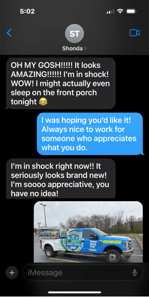 Customer text message enthusiastically praising the finished exterior cleaning