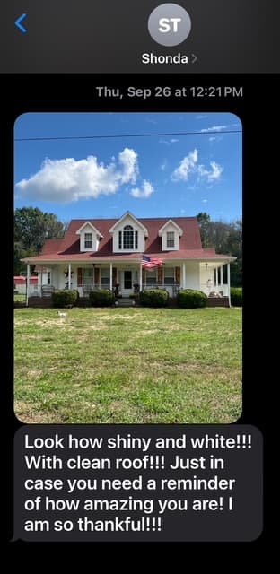 Customer text message showing a freshly cleaned house and praising its shiny, clean roof