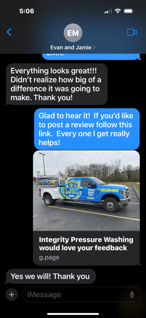Customer text message saying the exterior cleaning made a bigger difference than expected