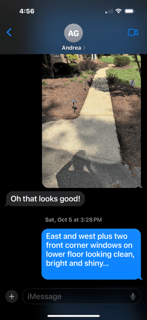 Customer text message praising clean, bright, and shiny residential windows