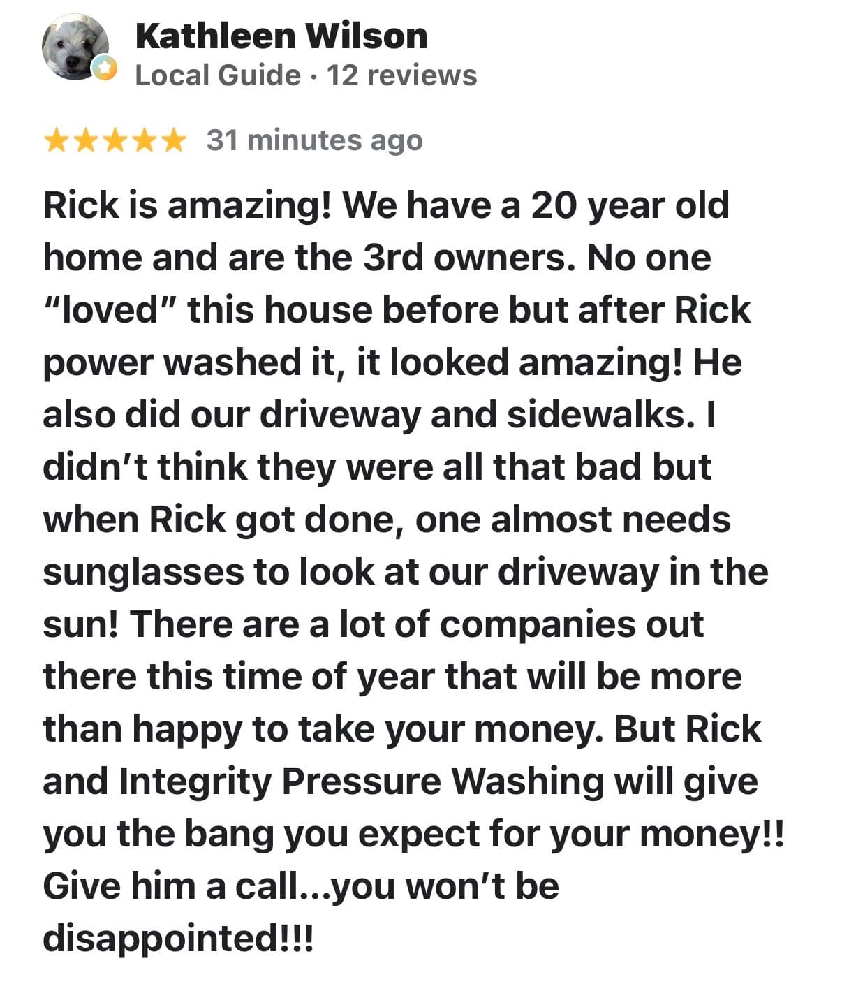 Five-star Google review from Kathleen Wilson praising Integrity Pressure Washing for cleaning her home, driveway, and sidewalks